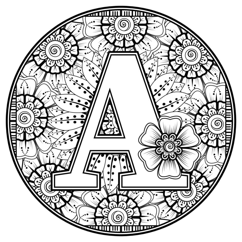 Letter A made of flowers in mehndi style. coloring book page. outline hand-draw vector illustration.