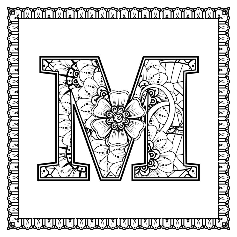 letra m hecha de flores en estilo mehndi. página de libro para colorear. Ilustración de vector de dibujo a mano de contorno.