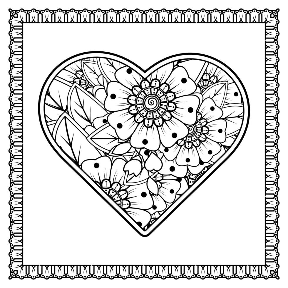 Mehndi flower with frame in shape of heart. decoration in ethnic oriental, doodle ornament. vector