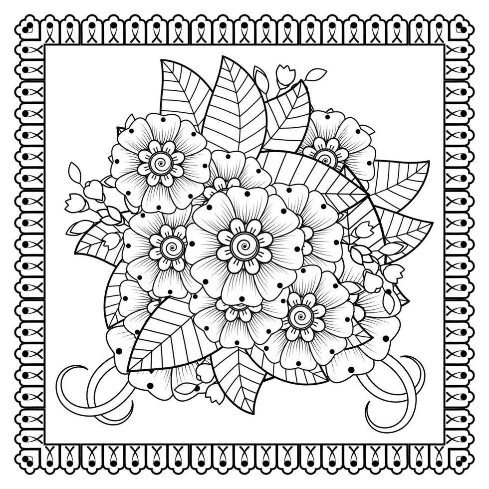 flor mehndi para henna, mehndi, tatuaje, decoración. adorno decorativo en estilo étnico oriental, adorno de doodle, dibujo a mano de contorno. página de libro para colorear. vector