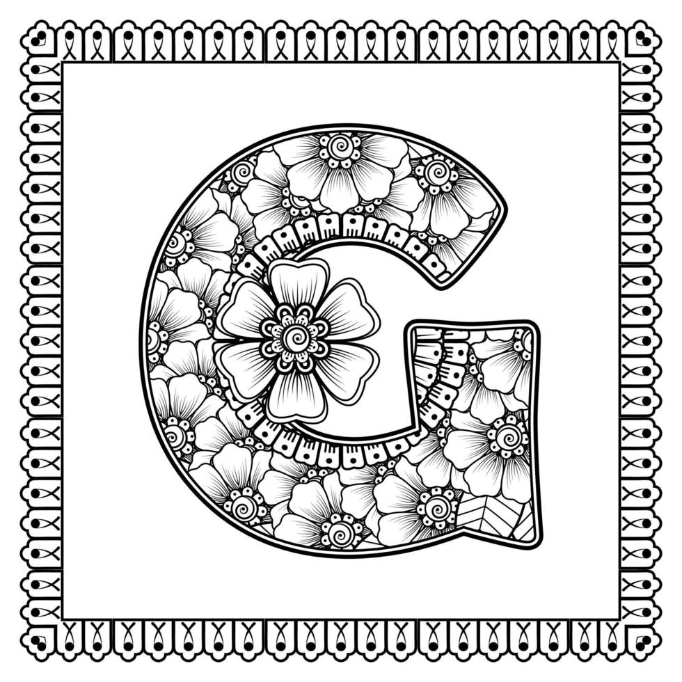 letra g hecha de flores en estilo mehndi. página de libro para colorear. Ilustración de vector de dibujo a mano de contorno.