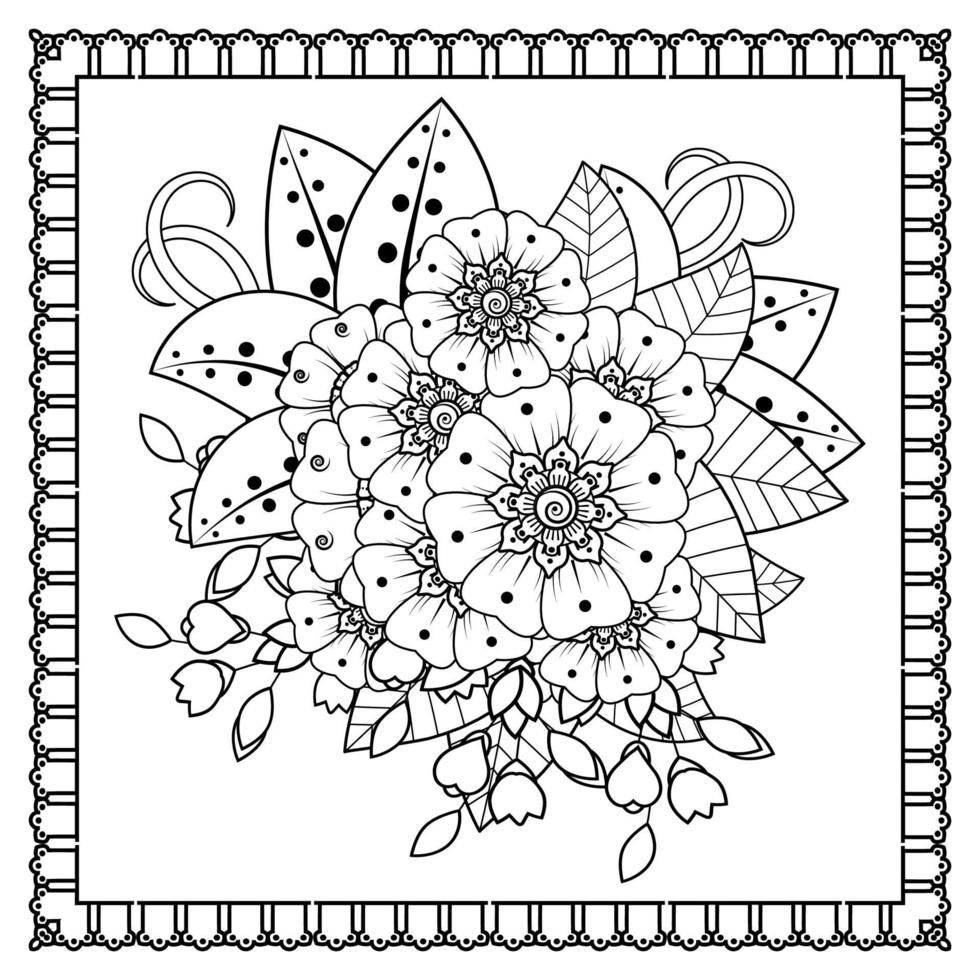 flor mehndi para henna, mehndi, tatuaje, decoración. adorno decorativo en estilo étnico oriental, adorno de doodle, dibujo a mano de contorno. página de libro para colorear. vector