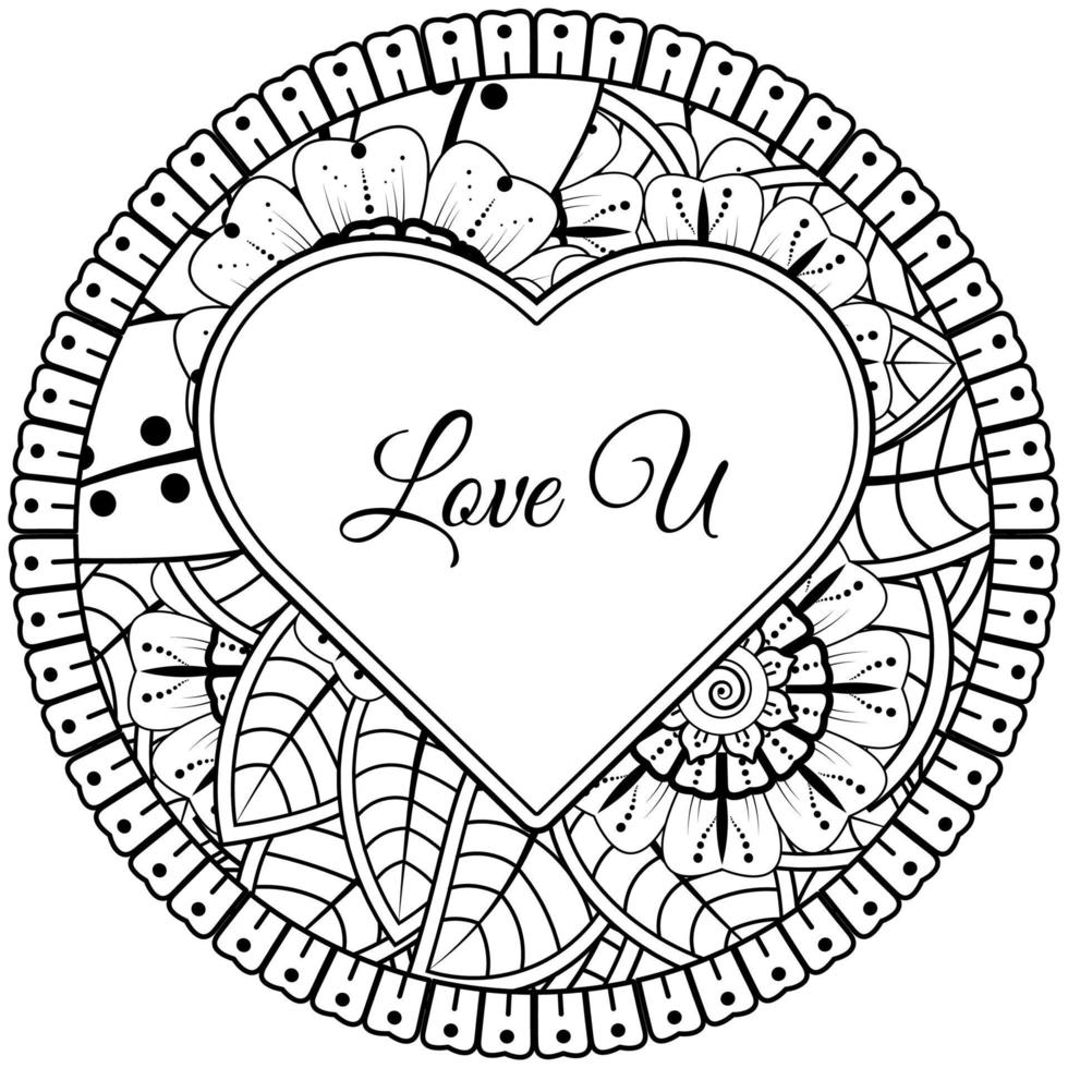 Mehndi flower with frame in shape of heart. decoration in ethnic oriental, doodle ornament. vector