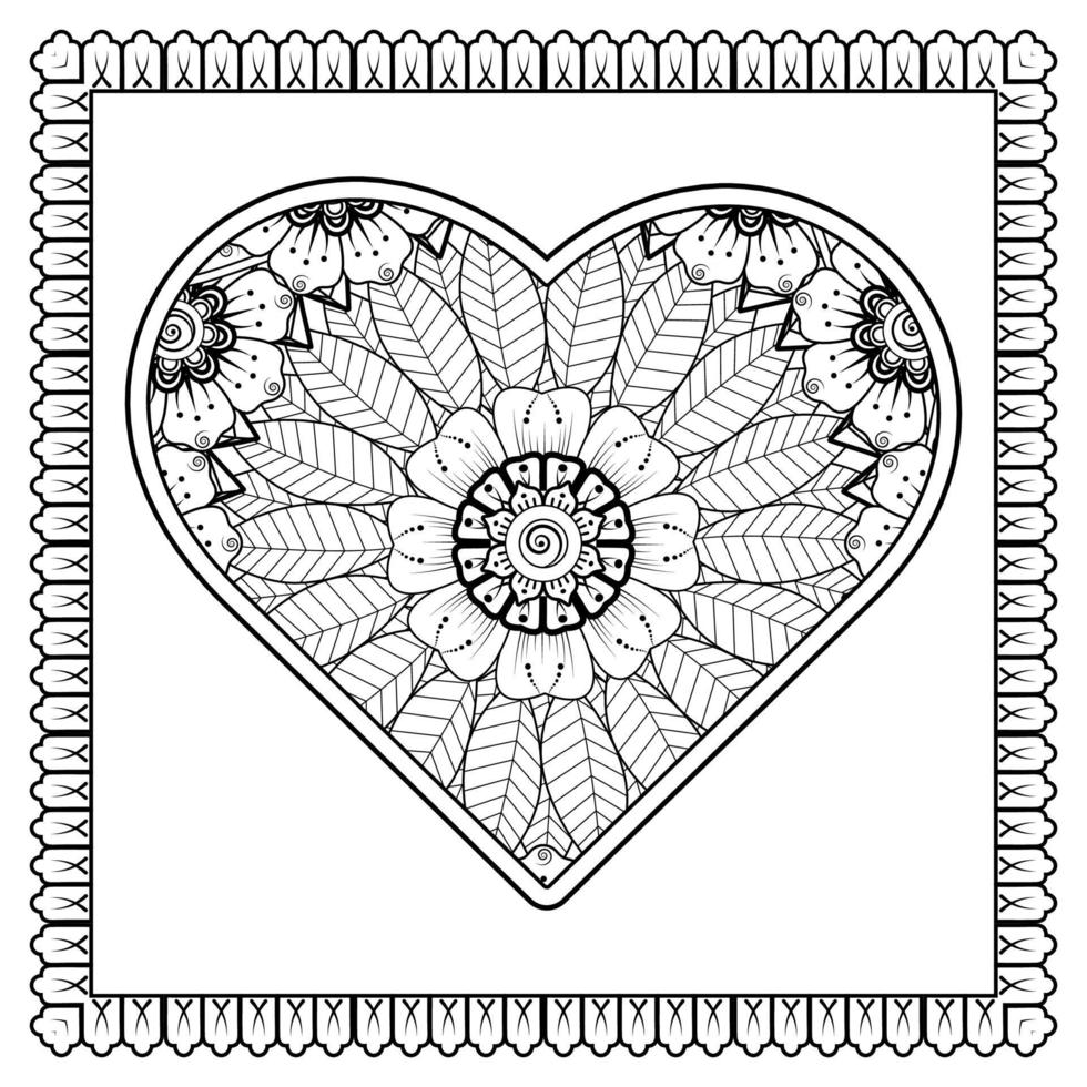 Mehndi flower with frame in shape of heart. decoration in ethnic oriental, doodle ornament. vector