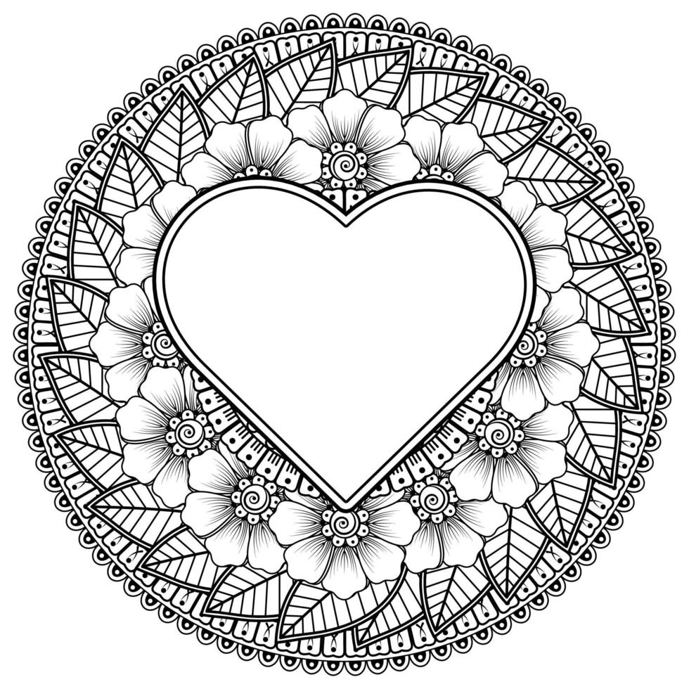 Mehndi flower with frame in shape of heart. decoration in ethnic oriental, doodle ornament. vector