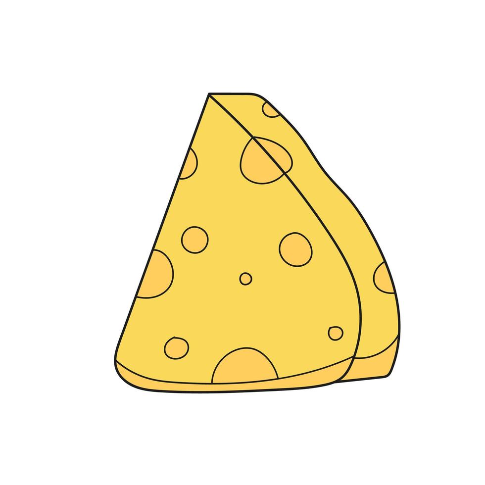 Simple cartoon icon. Cartoon cheese. Triangle piece. Yellow cheese with holes vector