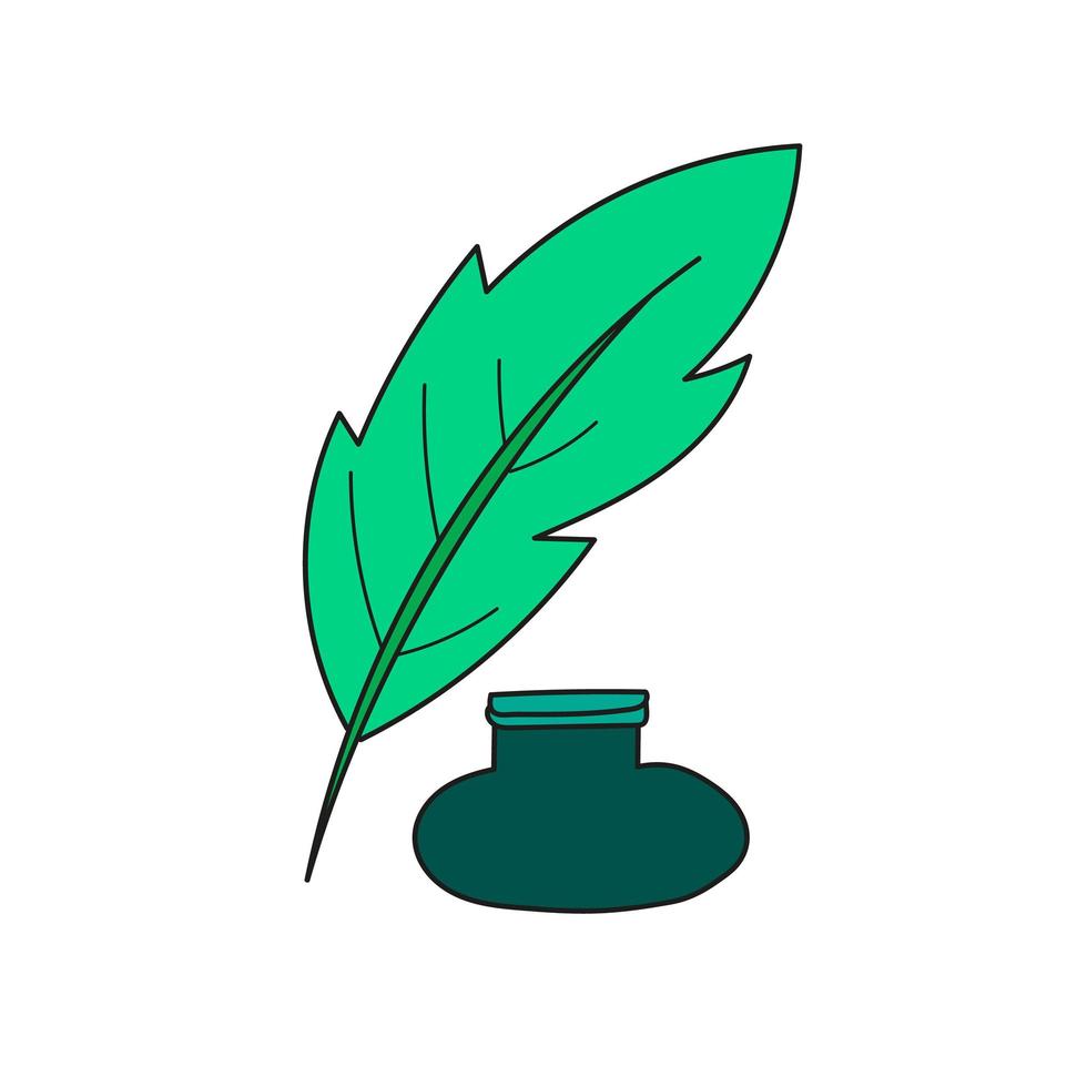 Simple cartoon icon. Green inkpot and feather. Cartoon style vector