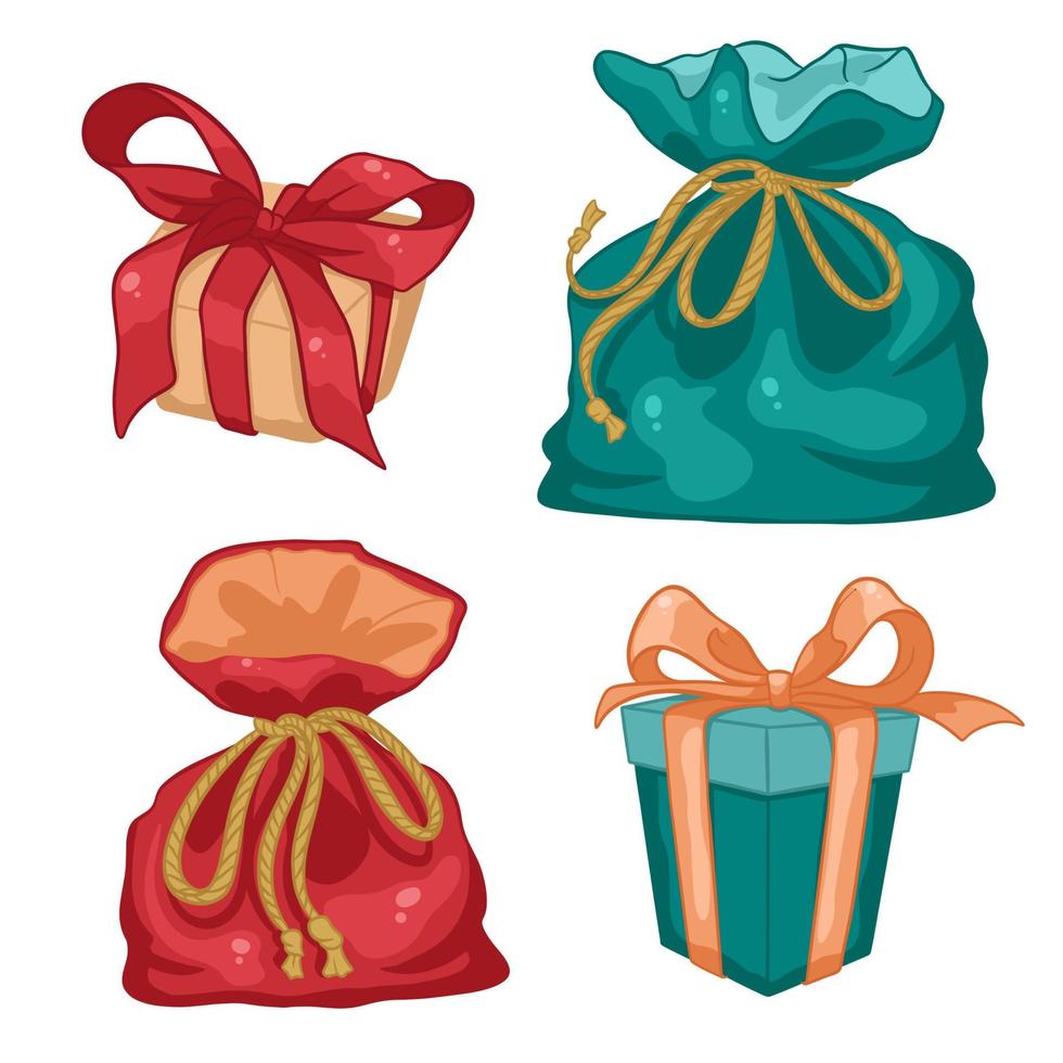 New Year and Christmas gifts and gift bags. Cartoon style. vector