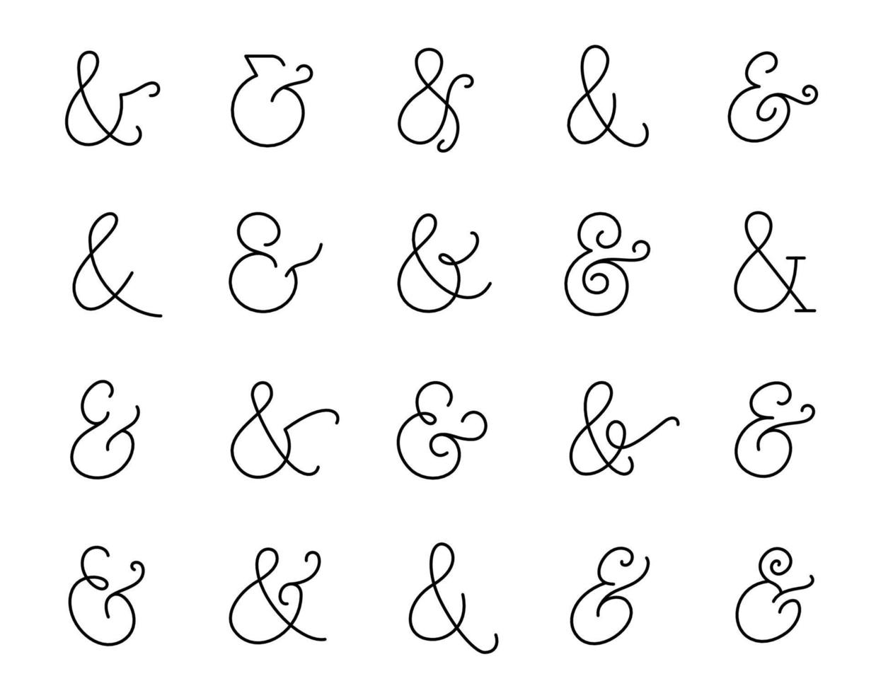 conjunto de elegantes símbolos ampersand. y colección de letreros. contorno icono de ampersand dibujado a mano para invitaciones y cartas. trazo editable. vector