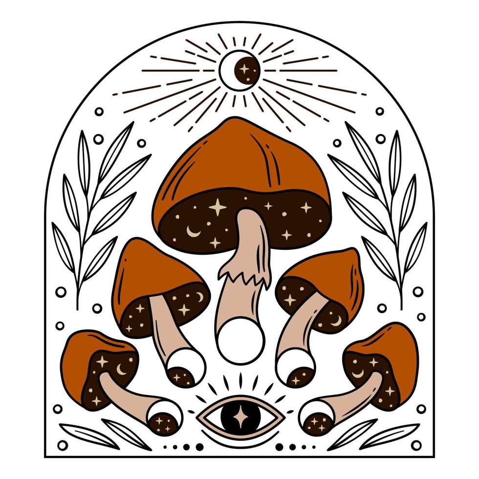 Magic mushrooms and moon phases for esoteric theme designs. Color vector illustration.