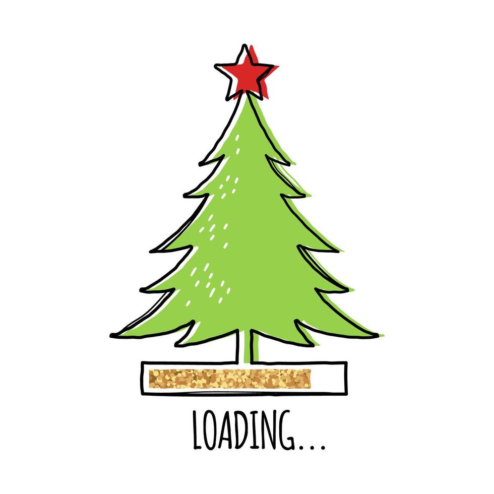 Line Christmas tree with red star on top and golden loading bar vector