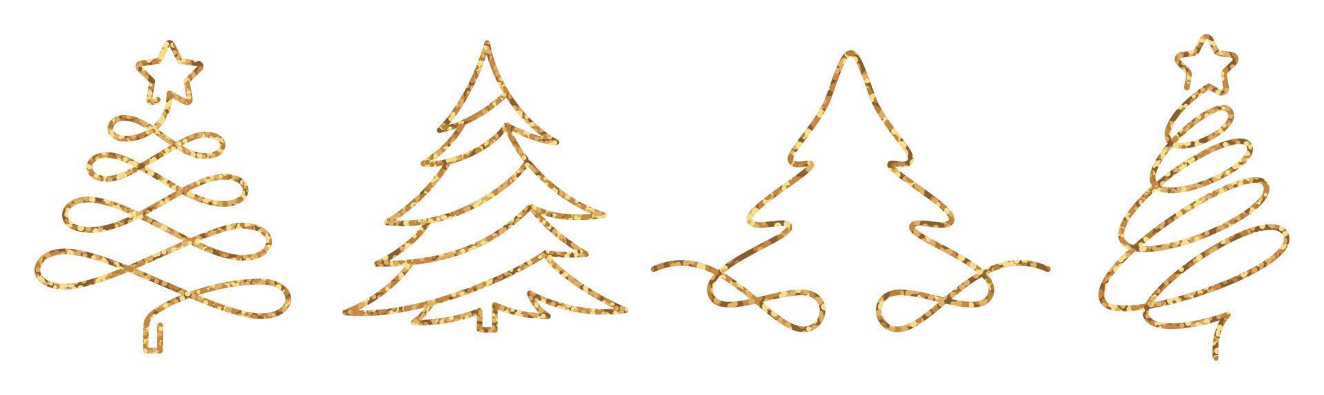 Christmas trees one line drawing style with gold sparkle effect. vector