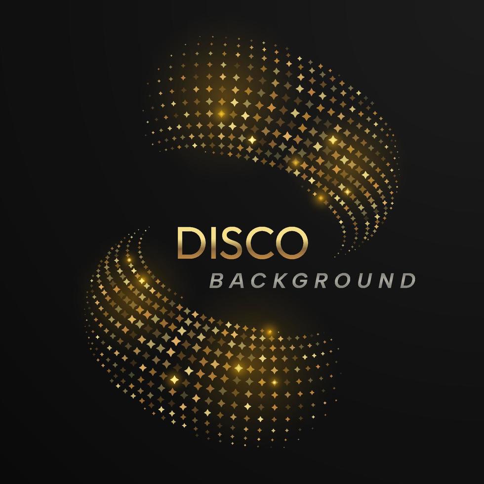 Vector illustration of golden sparkling spheres with star shaped elements on black background