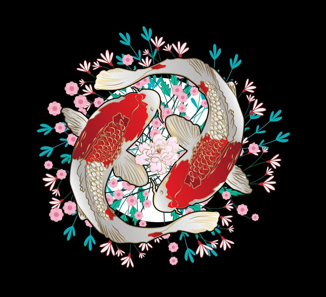 El diseño de ilustración de pez koi para sukajan es malo, tela o camiseta tradicional de Japón con bordado digital dibujado a mano, camisetas de hombre, camiseta informal de verano de manga corta, hip hop, ropa de calle vector