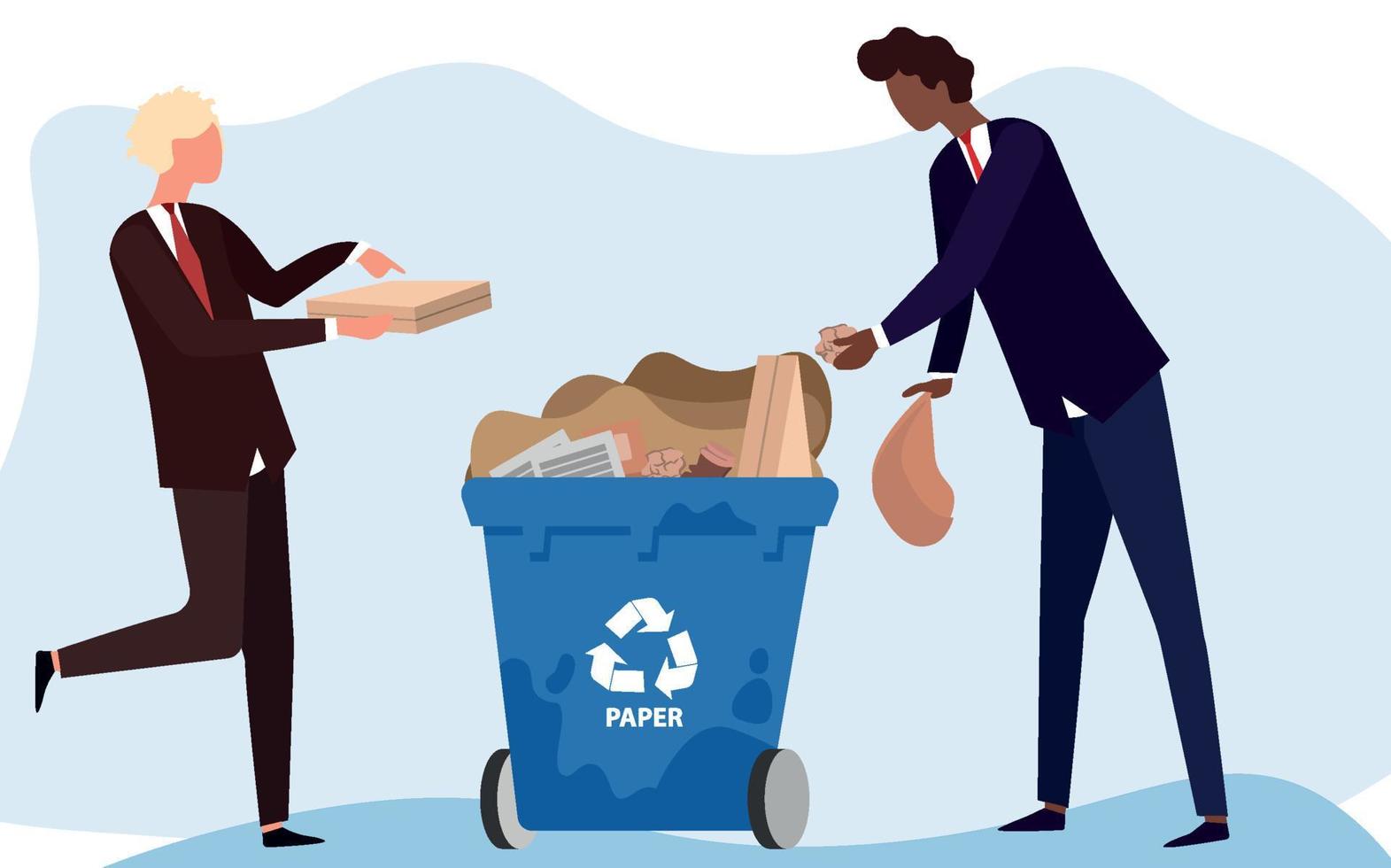 Waste recycling. People sort every type of waste. Recycling to save land and preserve the environment. Vector illustration