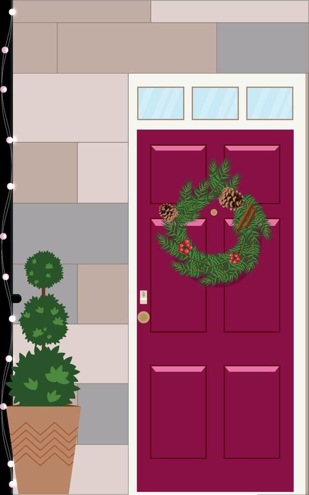 The front door is decorated with a Christmas wreath. Festive postcard. Vector illustration