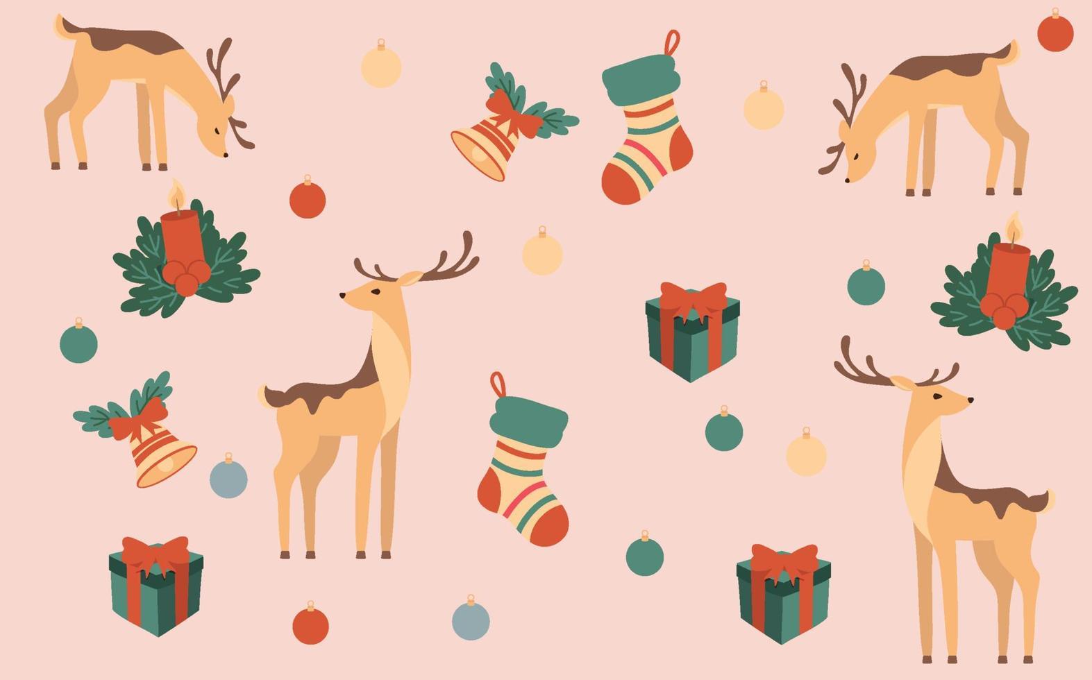Christmas set with cute deer, gifts. Festive background. Vector illustration