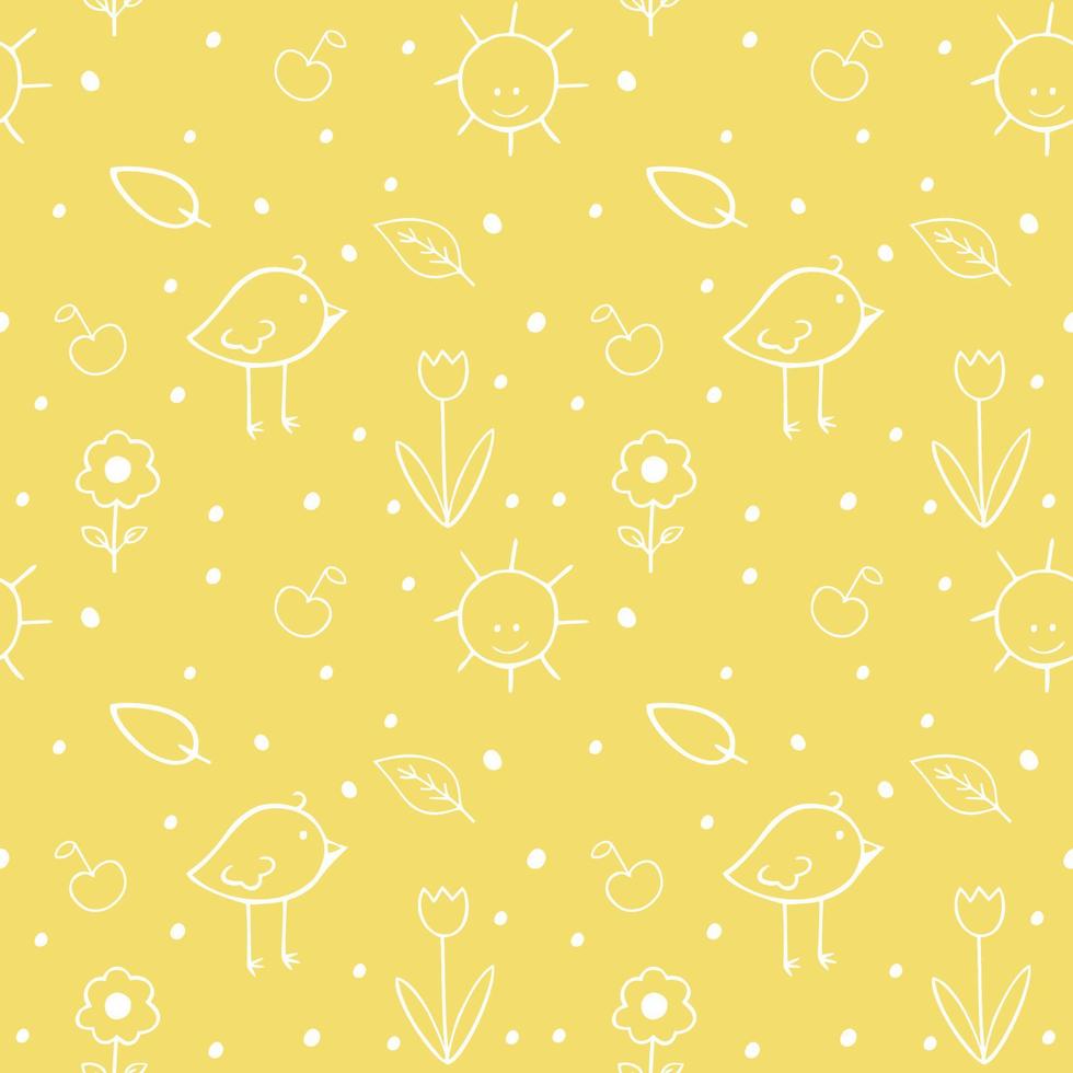 patrón infantil transparente con dibujos animados doodle pájaros, flores, sol, hojas. textura de contorno verde infantil creativa para tela, embalaje, textiles, papel tapiz, ropa. ilustración vectorial vector