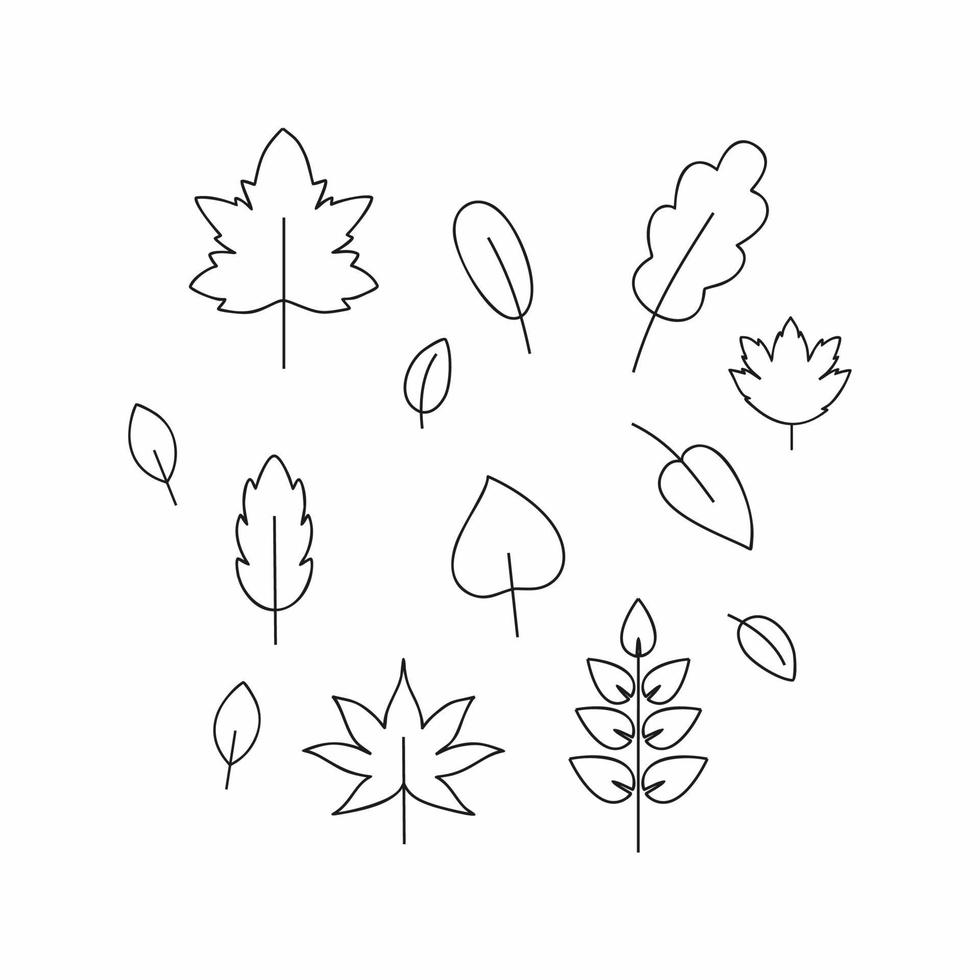 Set of contour Doodle drawings autumn leaves, twigs, berries. Black outline sketch by hand summer and spring. Design of postcards, photos, design and decor elements. Vector illustration.