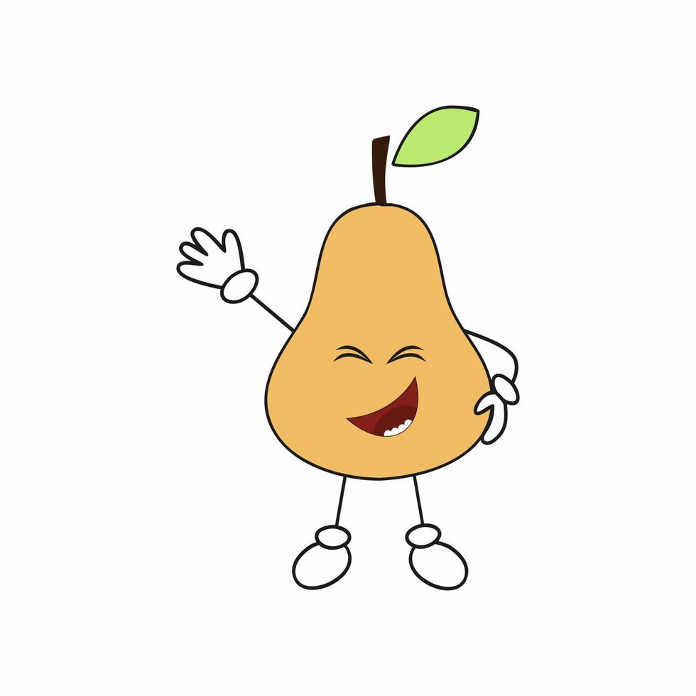 Funny pear closes her eyes and smiles. Funny fruit smiley face. Cute children's vector character. Fruit cards for children and development.