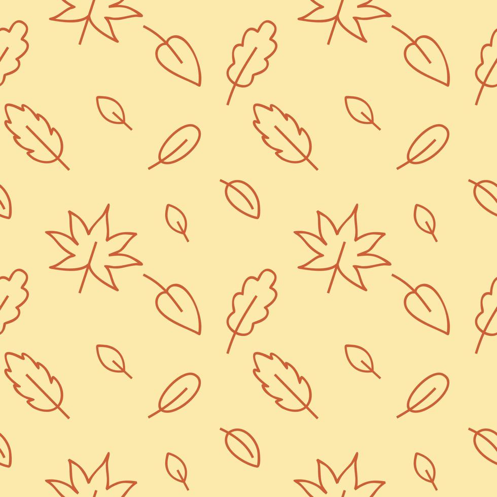 Seamless yellow autumn pattern with oak, birch, maple and wood leaves. Endless background for web pages, textiles, clothing, Wallpaper. Holiday in the style of doodles. Vector outline drawing