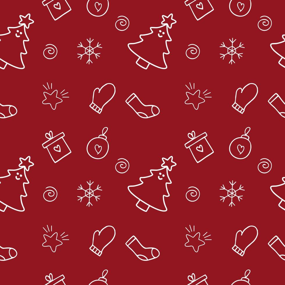 Endless seamless new year pattern on a red background. A set of vector Doodle illustrations for clothing design, textiles, tailoring, making a cover for Notepad. Christmas wrapping paper.