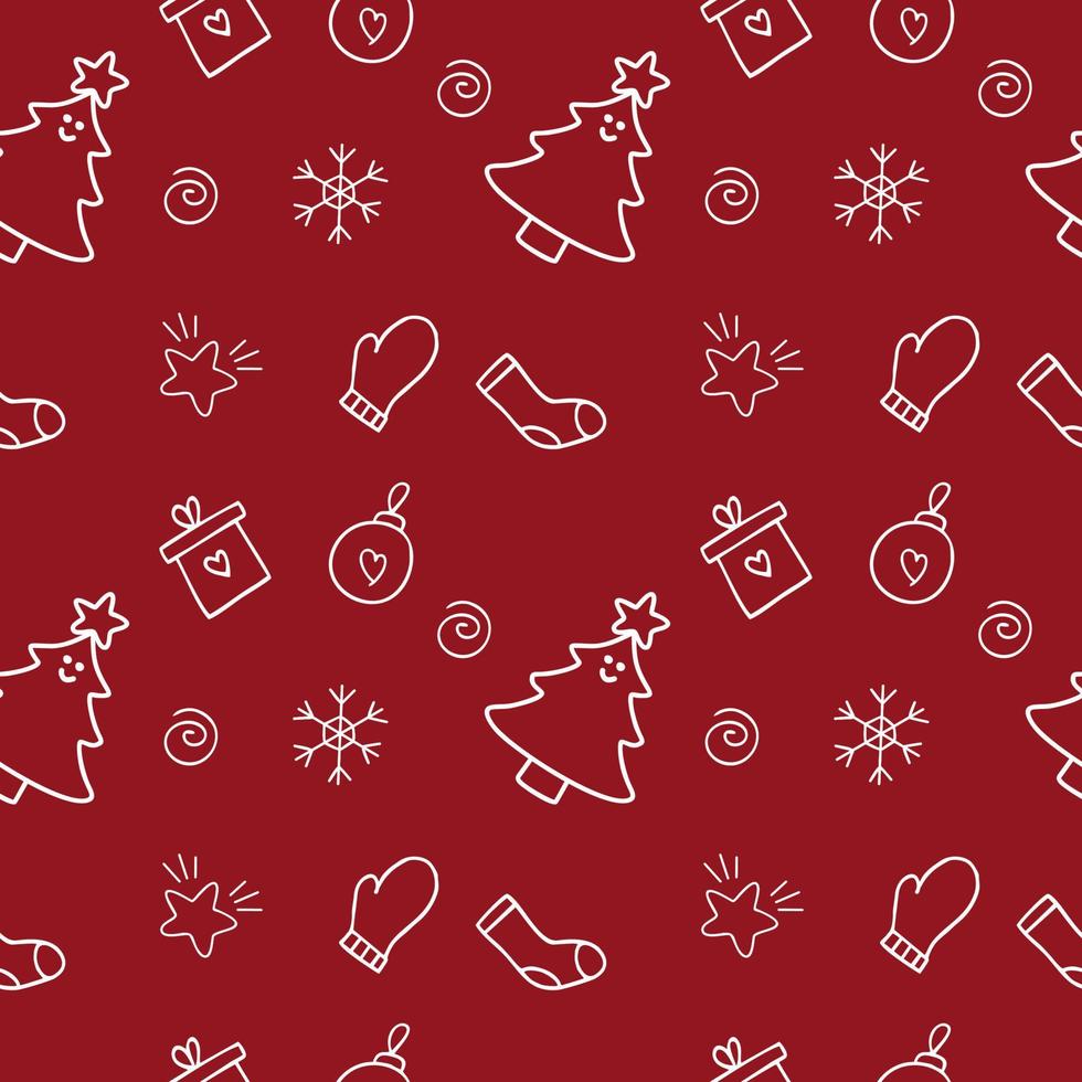 Endless seamless new year pattern on a red background. A set of vector Doodle illustrations for clothing design, textiles, tailoring, making a cover for Notepad. Christmas wrapping paper.