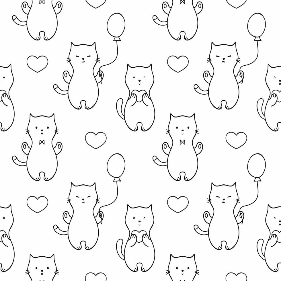 Seamless endless pattern with cute kittens, cats and balloons. Set of vector Doodle illustrations. Background for fabric print, Wallpaper, textiles, wrapping paper, or book cover.