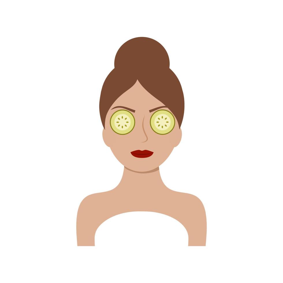 hermosa chica con una máscara de pepinos en los ojos y la cara. logo de un salón de belleza, cosmetóloga, masajista. ilustración vectorial para una pancarta. vector