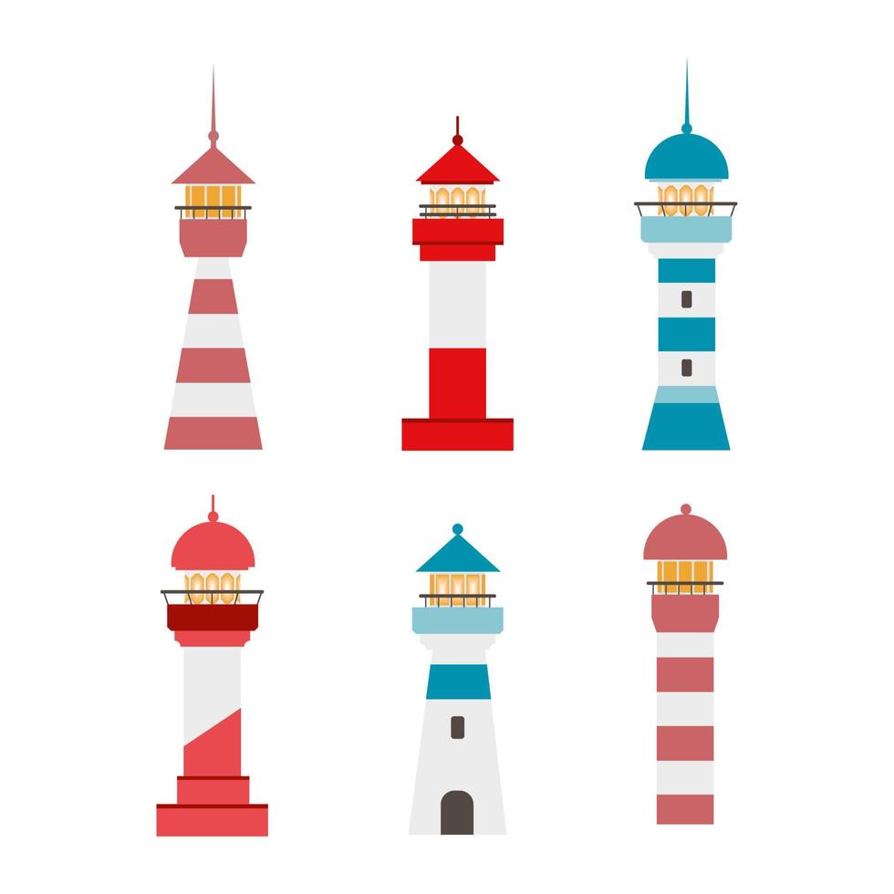 Drawing of a lighthouse on a white background. Vector set on the theme of the lighthouse, sea, navigation. A set of beacon icons for graphic design.