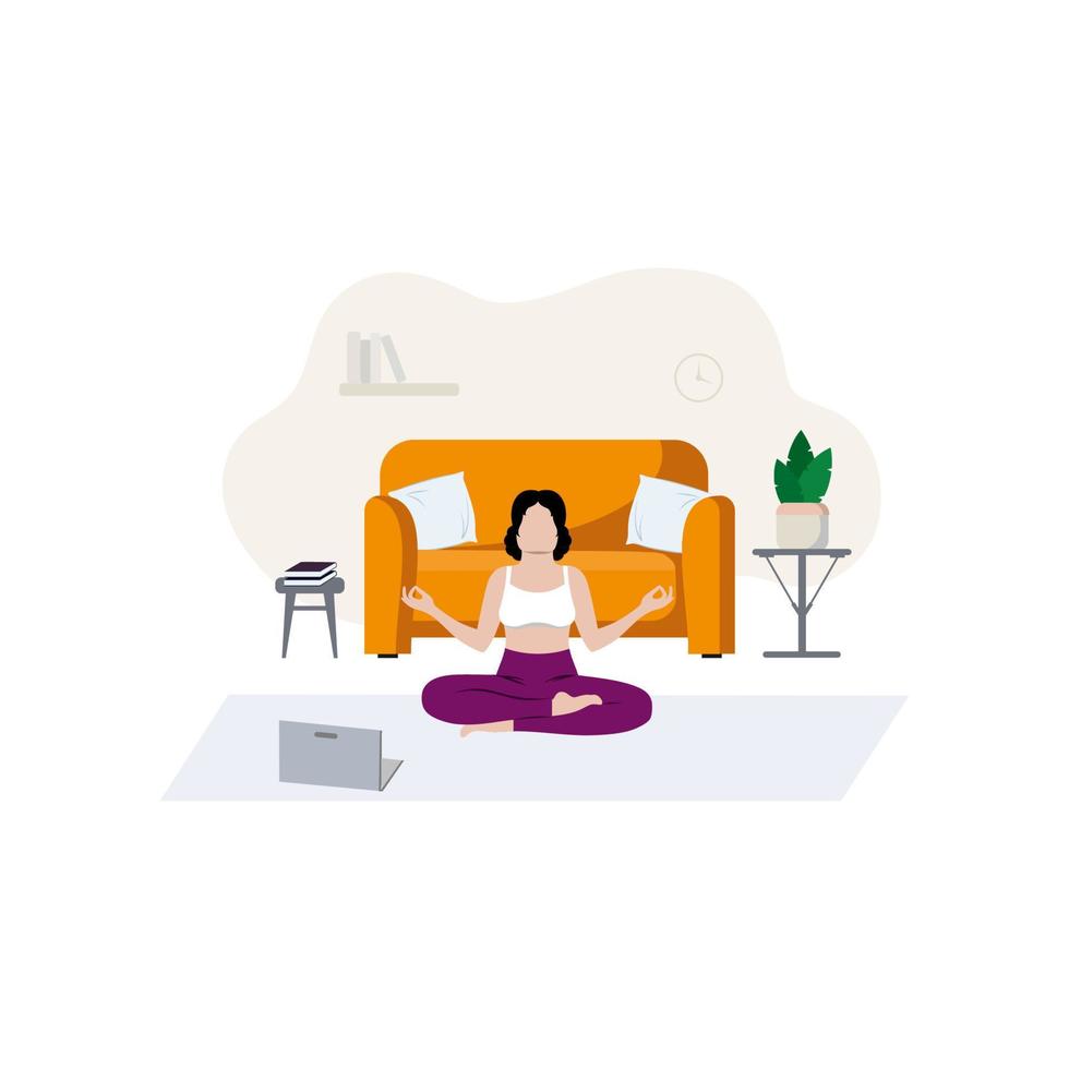 The girl does yoga without leaving the house. Online training at home. The concept of a healthy lifestyle, sports, proper nutrition. Beauty and health of the body. Vector stock illustration.