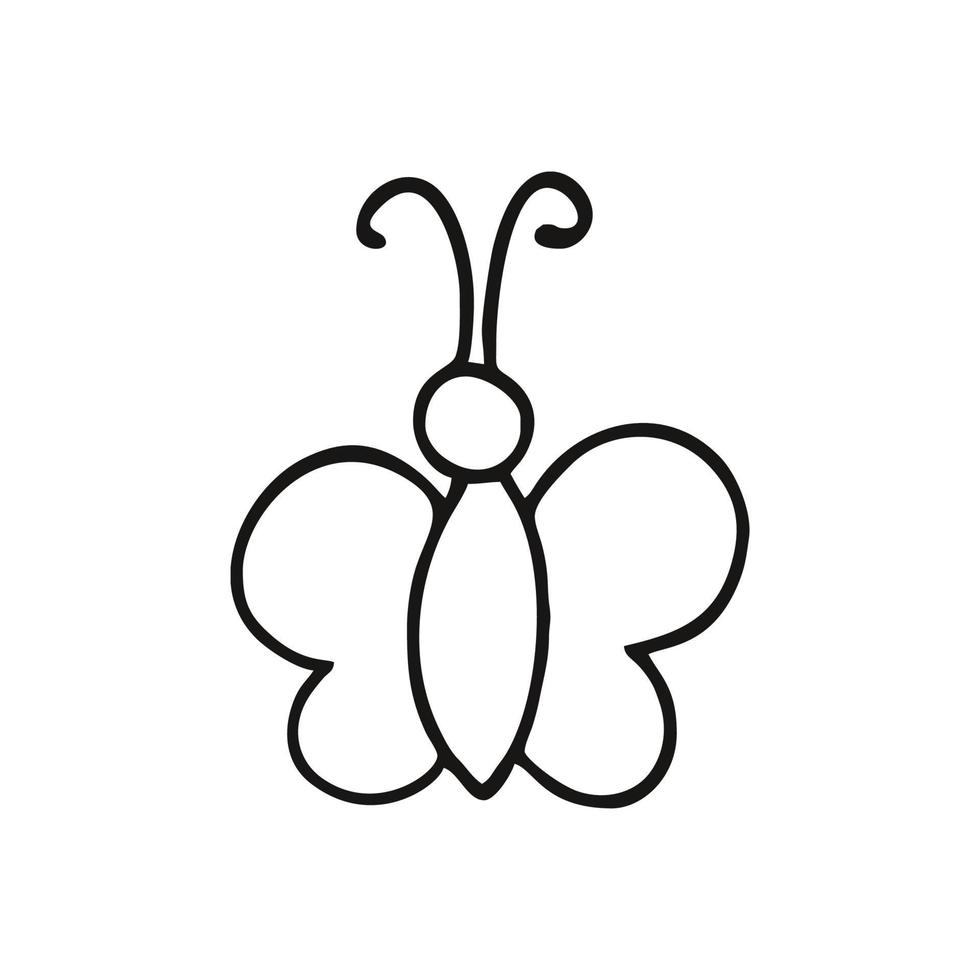 Butterfly Doodle on a white background. Outline of a black and white butterfly, vector illustration. Design element for a postcard, sticker, or logo.