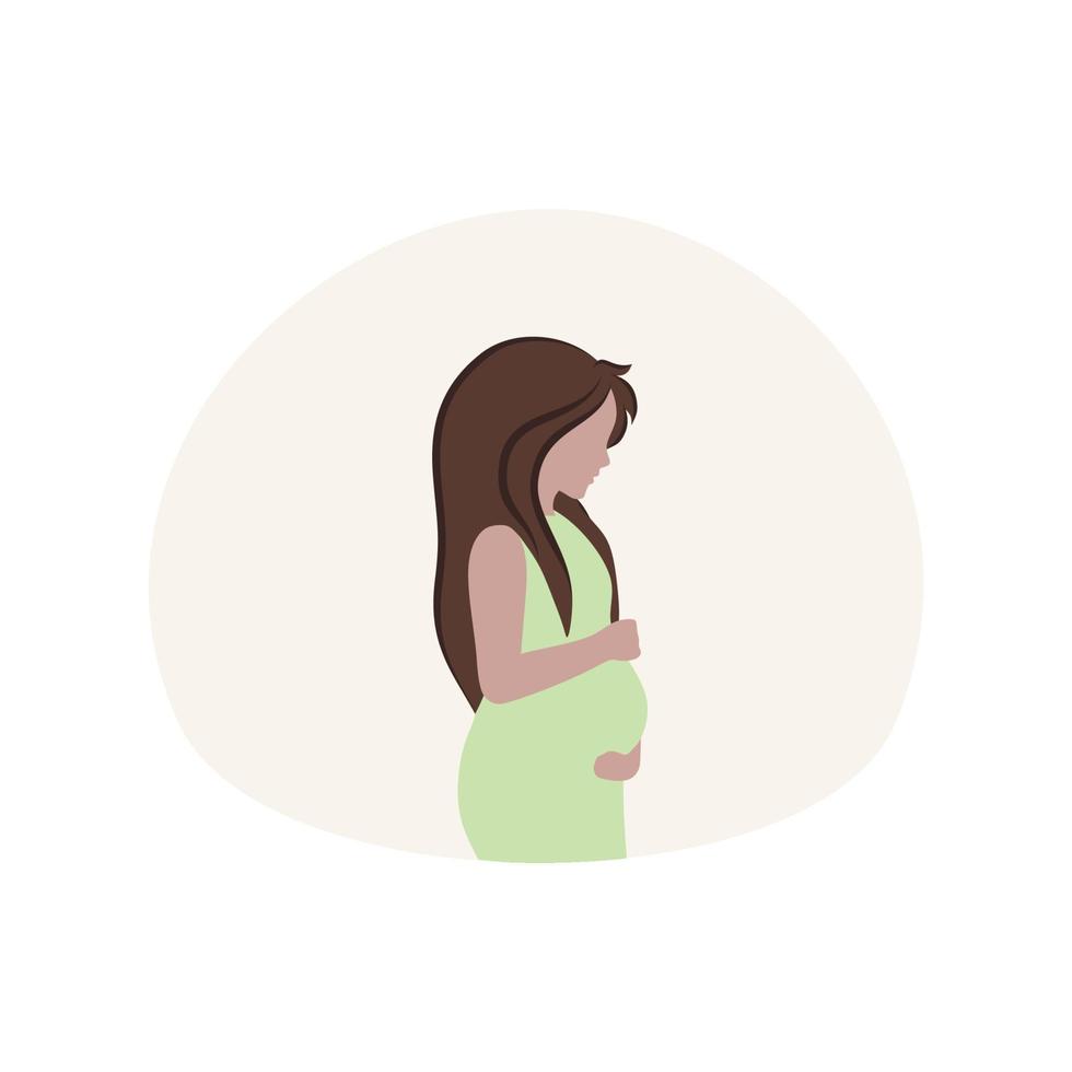 A pregnant girl holds her big belly with her hands while waiting for the baby to be born. Vector flat illustration in cartoon style. Pregnancy, childbirth, and motherhood. The design of the web site
