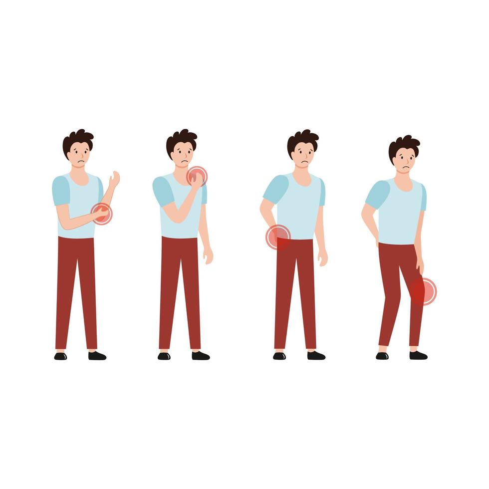 Set of vector illustrations. The man complains of pain in the joints, muscles and back. Drawing on the topic of medicine, diseases, chondrosis and spinal hernia. A patient at a doctor's appointment..