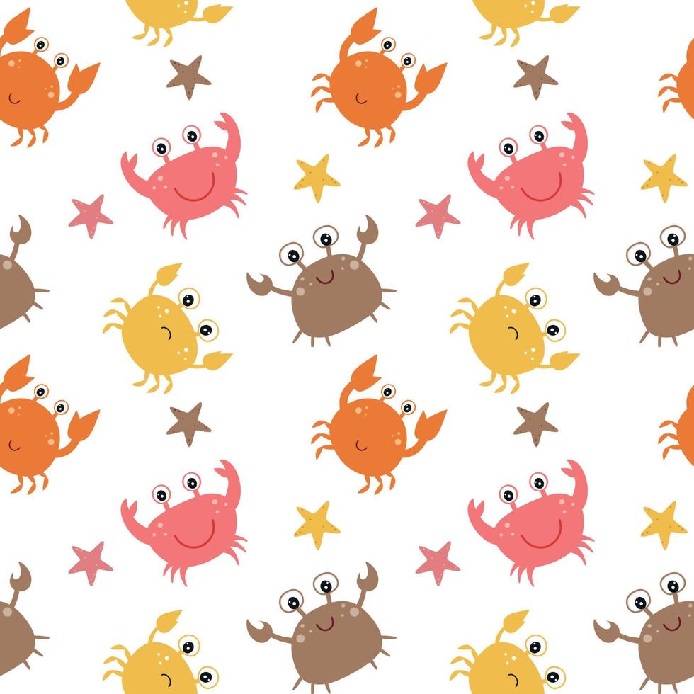 Children's endless seamless pattern. Funny and sad crabs and starfish. Background texture for sewing clothes, textiles, Wallpaper in the children's room. vector