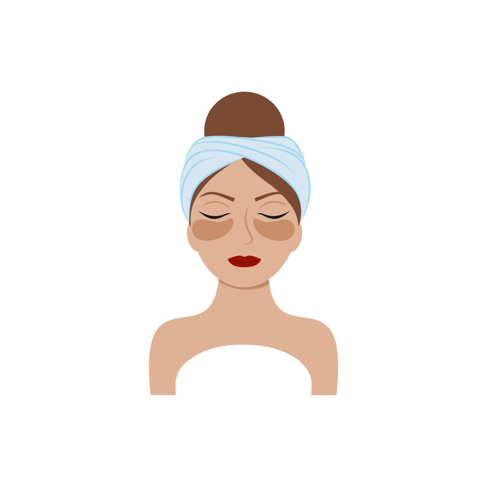 el rostro de una hermosa niña con una toalla en la cabeza y parches alrededor de los ojos. ilustración de dibujos animados de vector. el concepto de cuidado corporal, facial y ocular. logo de salón de belleza, peluquería, spa, manicura vector