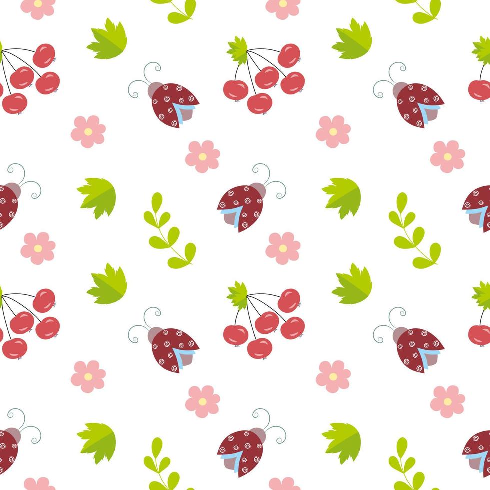 Endless seamless background with beetles, flowers and twigs. Children's pattern with ladybirds in nature. Background for Wallpaper, children's room, textiles, clothing, books, covers. vector