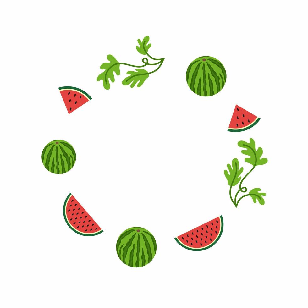 National watermelon day in the United States. Round photo frame with watermelon, watermelon slice and leaves. Design of the summer fruit festival and watermelon festival. Vector illustration