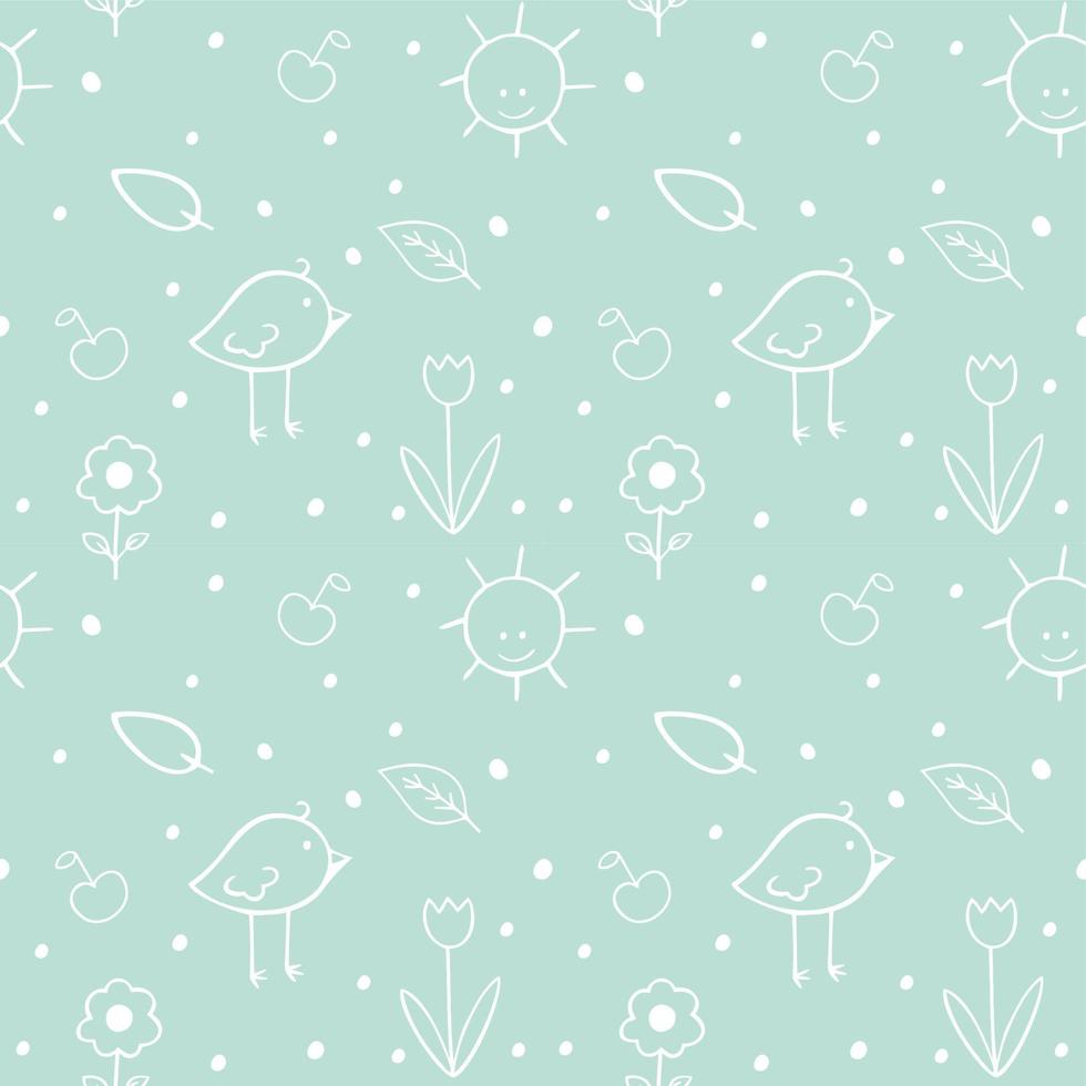 Seamless children's pattern with cartoon Doodle birds, flowers, sun, leaves. Creative Children's green contour texture for fabric, packaging, textiles, Wallpaper, clothing. Vector illustration