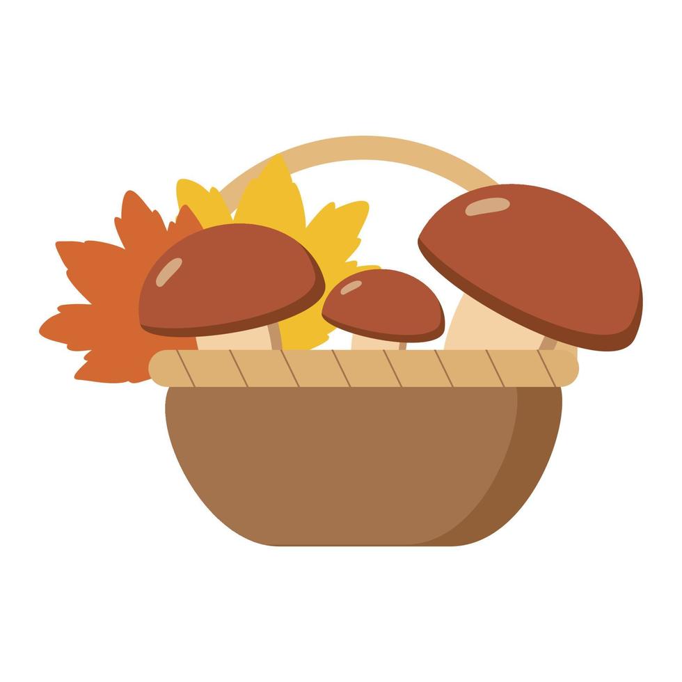 Basket with autumn leaves and mushrooms isolated on a white background. Vector autumn flat cartoon illustration. A decorative element for an autumn card or holiday.