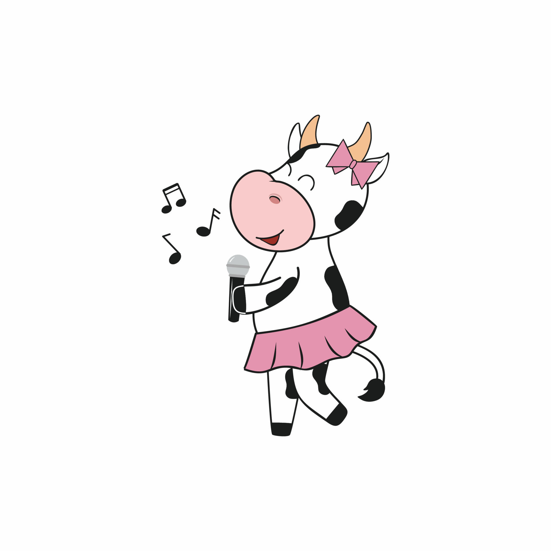Cute cow in a skirt and with a microphone sings a song at a party. The  symbol of 2021 is a bull isolated on a white background. Vector stylish  cartoon illustration for