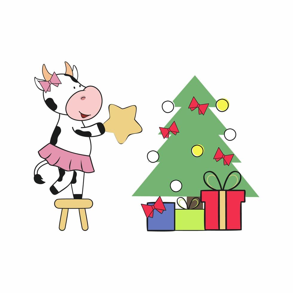 A cute cow in a skirt decorates the Christmas tree with a star, toys and Christmas balls. Vector illustration of a cartoon for Christmas and New year. The symbol of 2021 is a White bull.