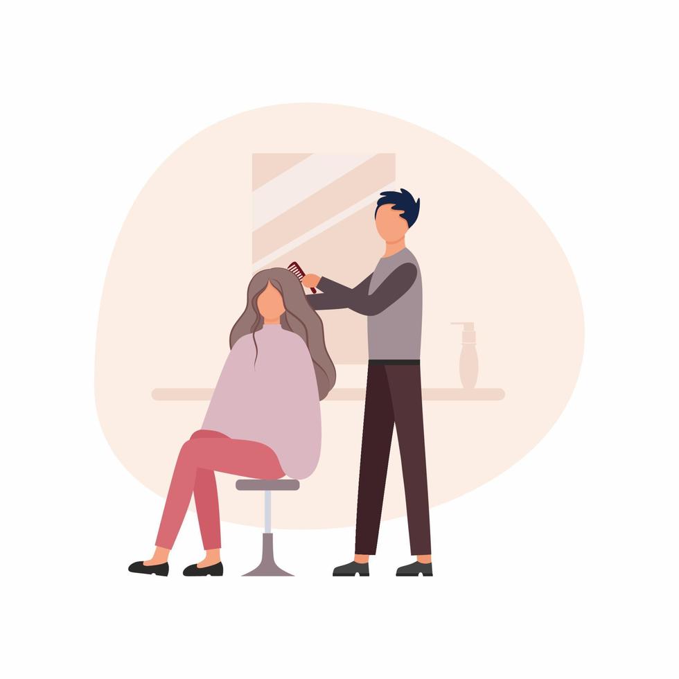 Barber a man does a girl's hair in a Barber shop next to the mirror. Concept of services of a hair salon, beauty salon, beauty Studio. Beauty and hair care, haircut. Vector flat cartoon illustration.