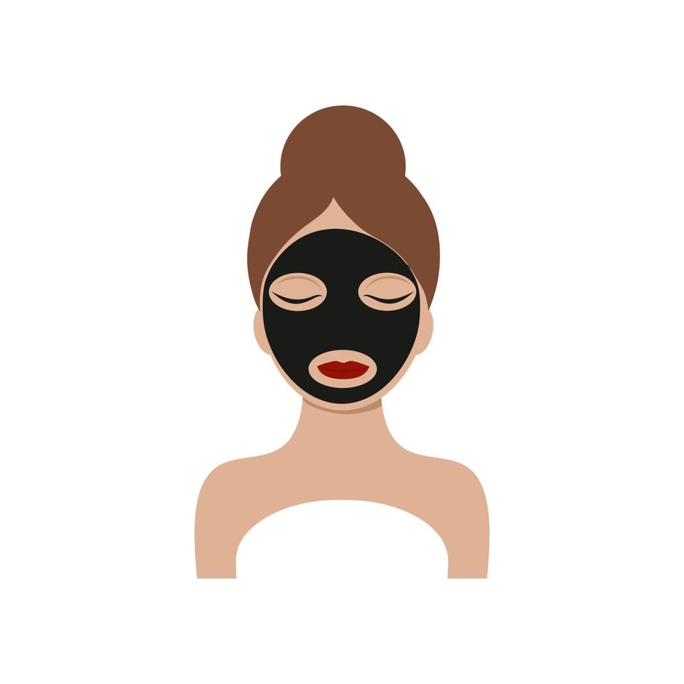 A beautiful girl with a towel turban on her head and a black mask on her face. Logo of a beauty salon, medical center, cosmetology. Vector stylized flat image