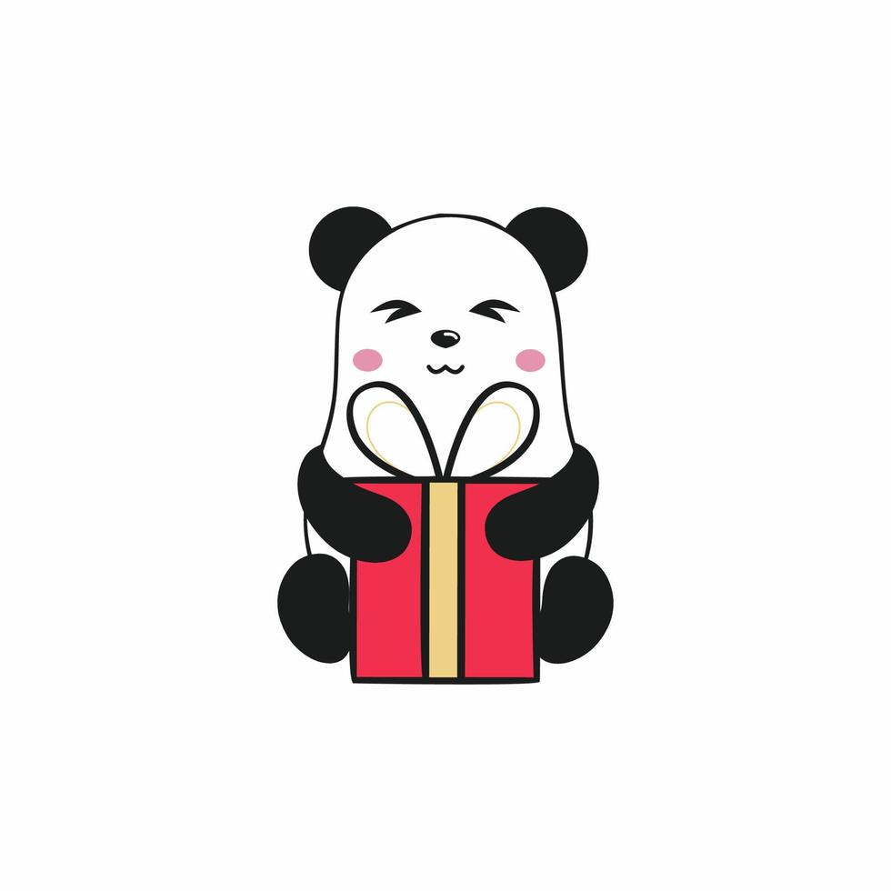 Cute Panda with closed eyes unpacks a gift for New year, birthday, Christmas or other holiday. Funny new year sticker 2021. Vector illustrations are humorous illustrations. Drawing for children.