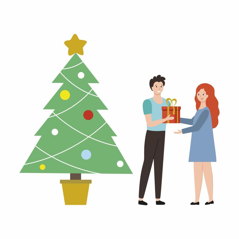 A man gives a woman a big gift near the Christmas tree. Festive vector illustration for new year and Christmas. Flat character isolated on a white background. Husband and wife celebrate the holiday.