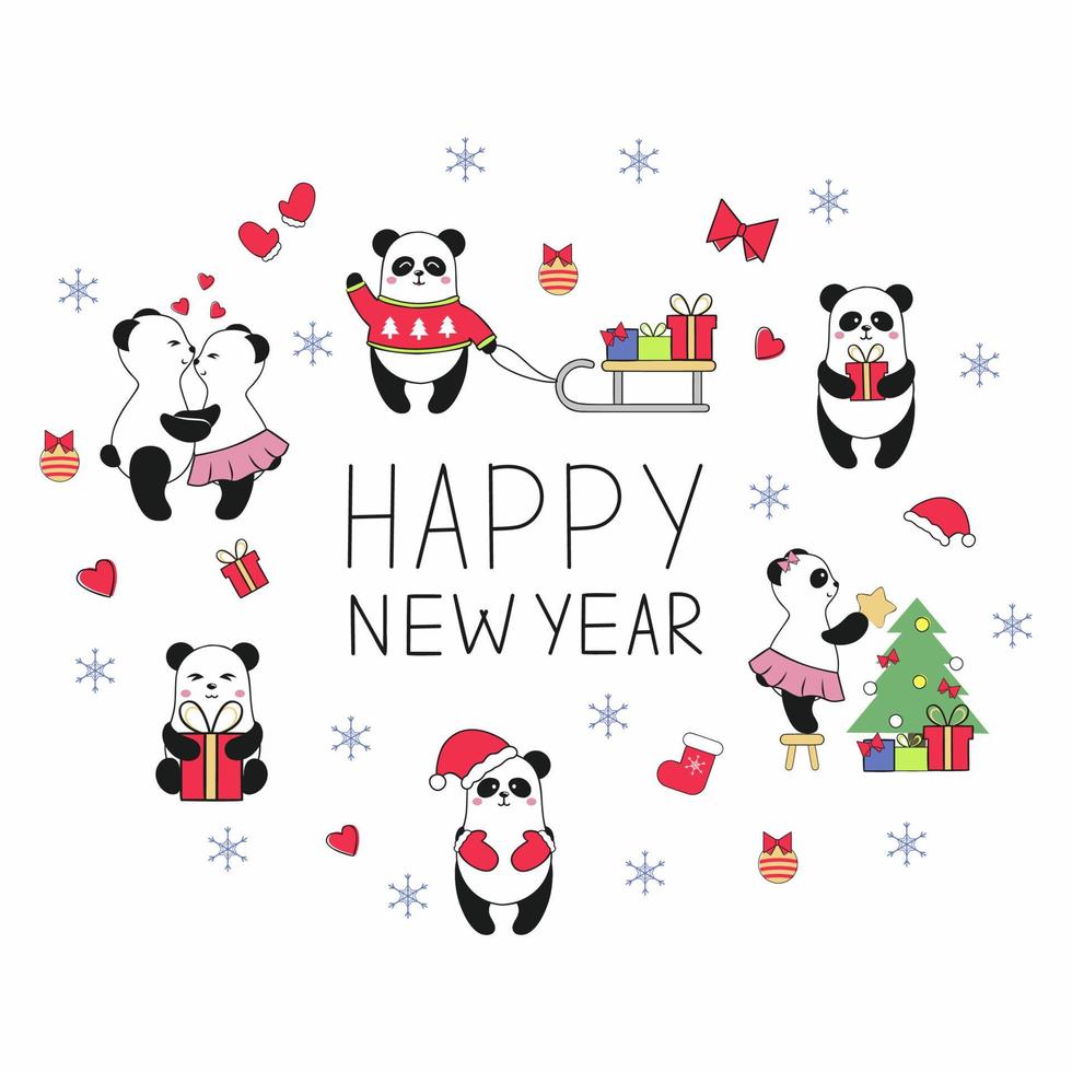 New year and Christmas fun set with cute pandas who hug, give gifts, dress up the Christmas tree and celebrate the holiday. Vector stickers for social networks. Pandas in different poses and clothes.