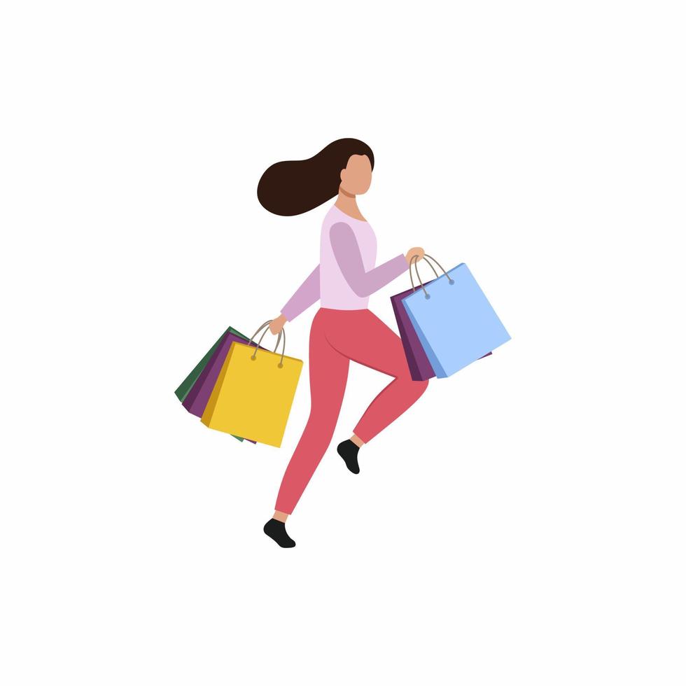 una niña con bolsas del supermercado corre a hacer las compras. el comprador con el producto. vector ilustración plana de un personaje femenino.