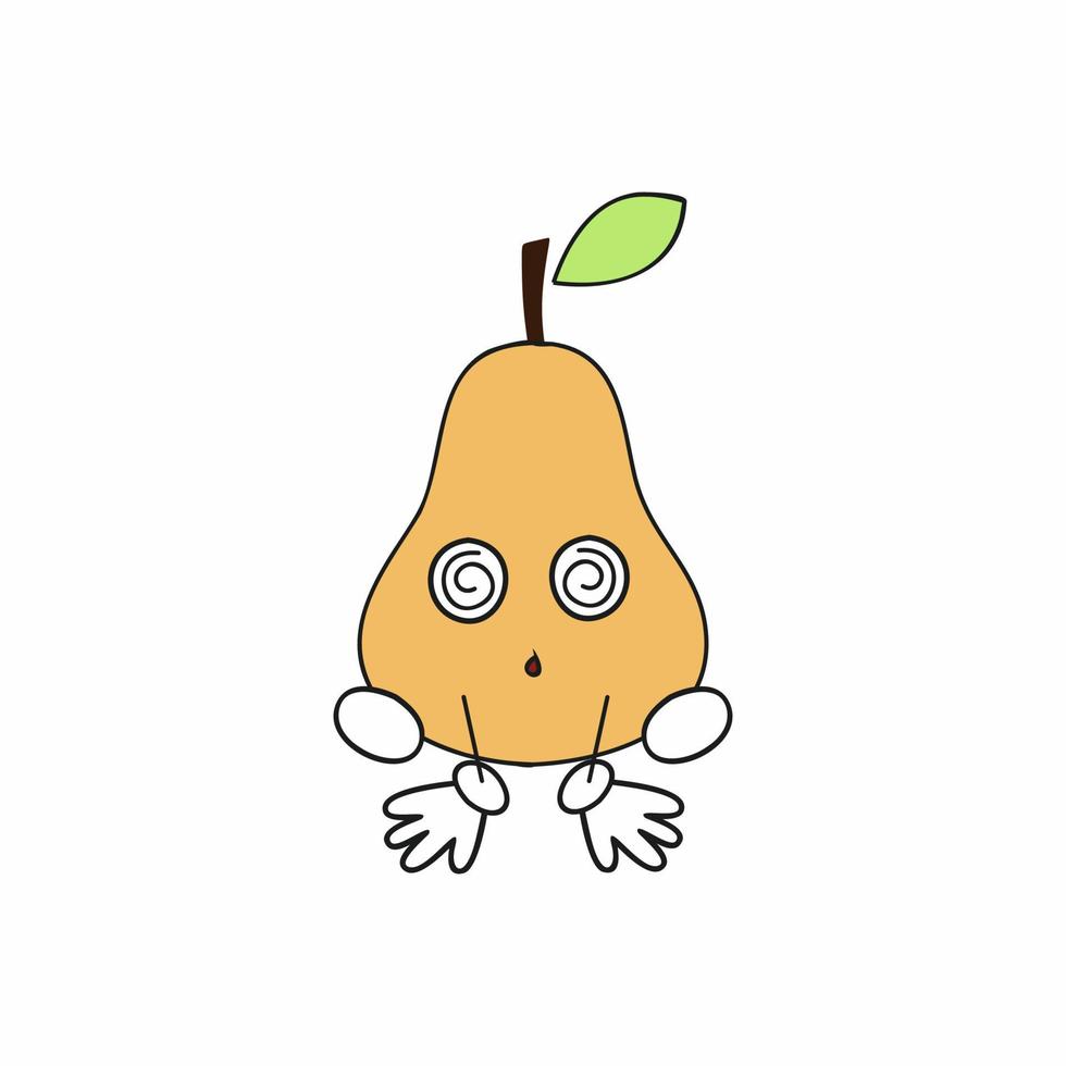 A tired pear is sitting on the floor. Funny fruits and vegetables with a face and emotions. Funny pear with eyes, hands and feet. Children's illustration for emoticons. vector