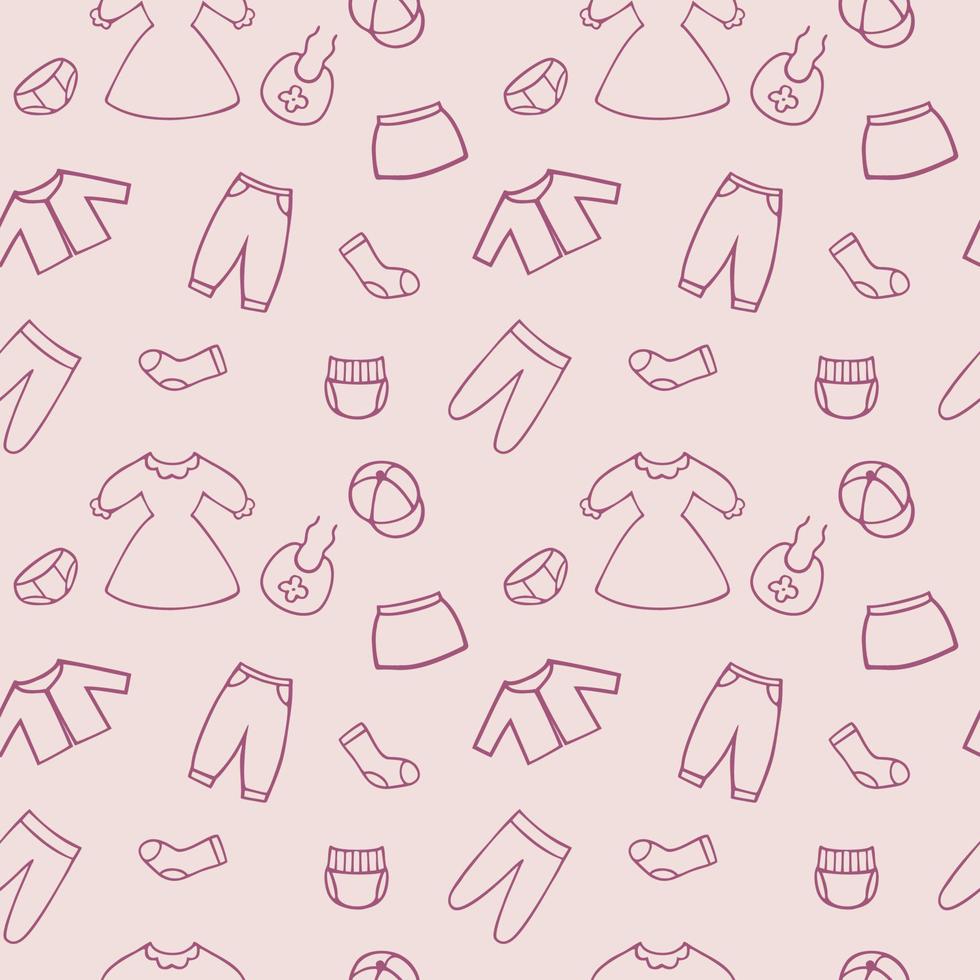 Pink endless pattern with drawings of clothes for girls. Seamless background for sewing clothes, textiles, book covers, Wallpaper in a clothing store. Doodle Dresses, skirts and pants drawn by hand vector